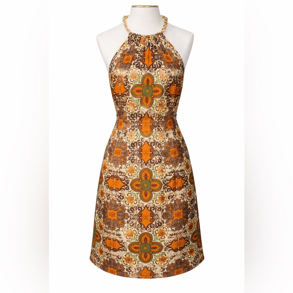 Milly Silk Halter Dress Open Back Chain Neck Retro Print Size 8 Vacation Resort